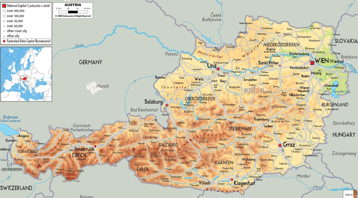 carte de la carte physique de l'autriche